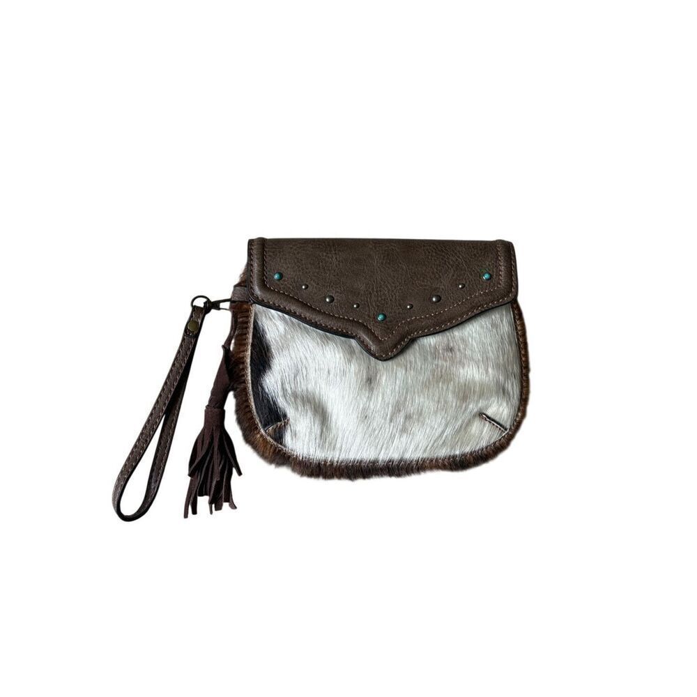 NWOT Tony Lama Cowhide Clutch Wristlet Bag Turquoise Accents Western Brown White
